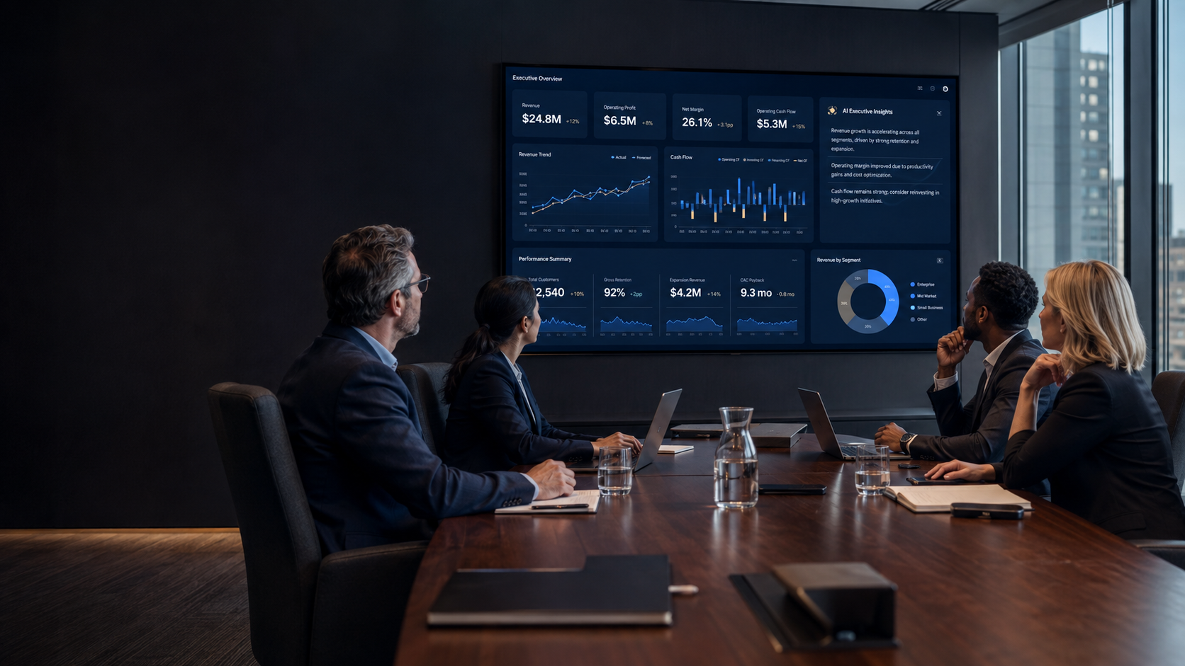 Executive team reviewing a live Genius Lab dashboard on a boardroom screen