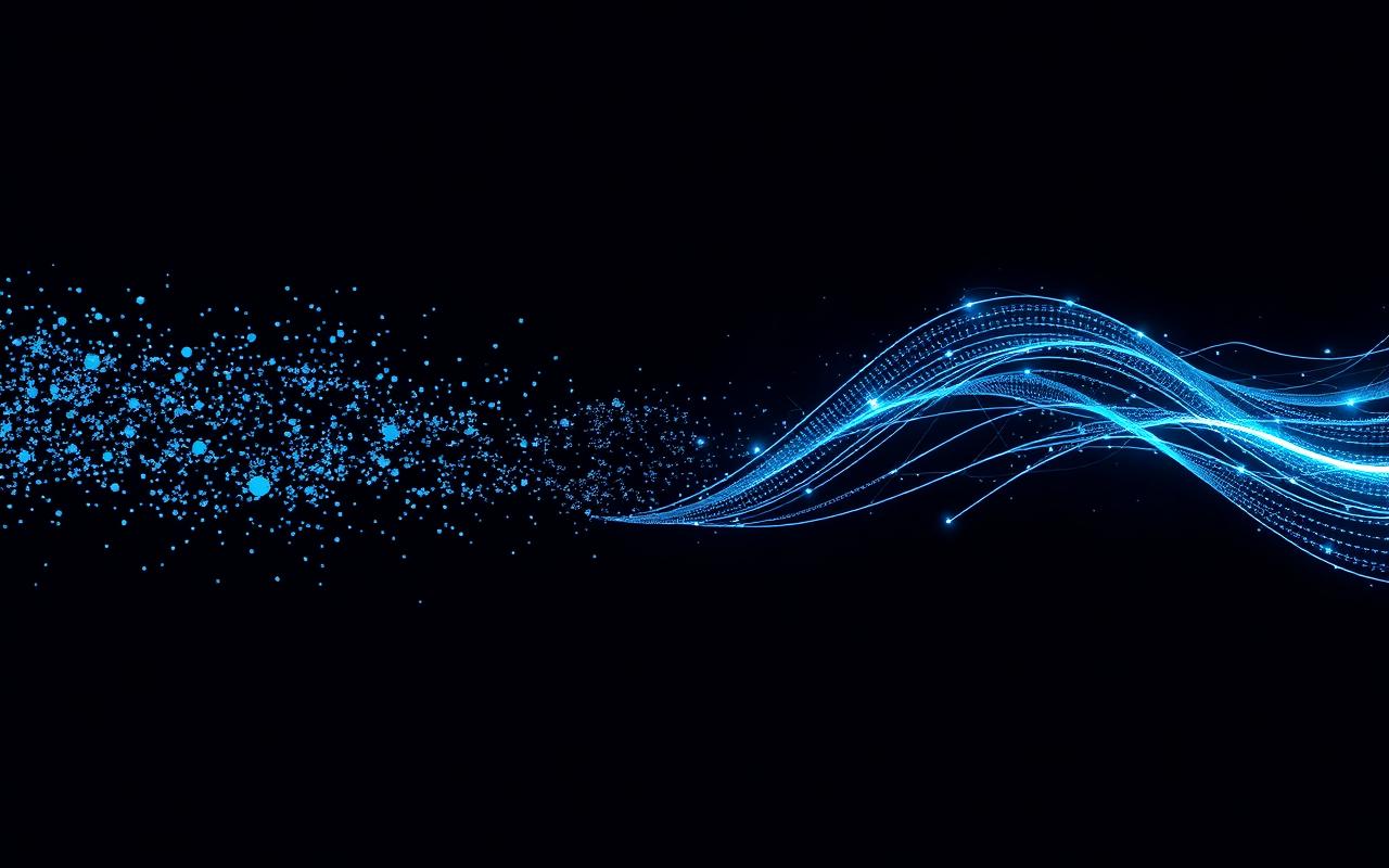 Abstract illustration of scattered data points being transformed into orderly flowing luminous streams