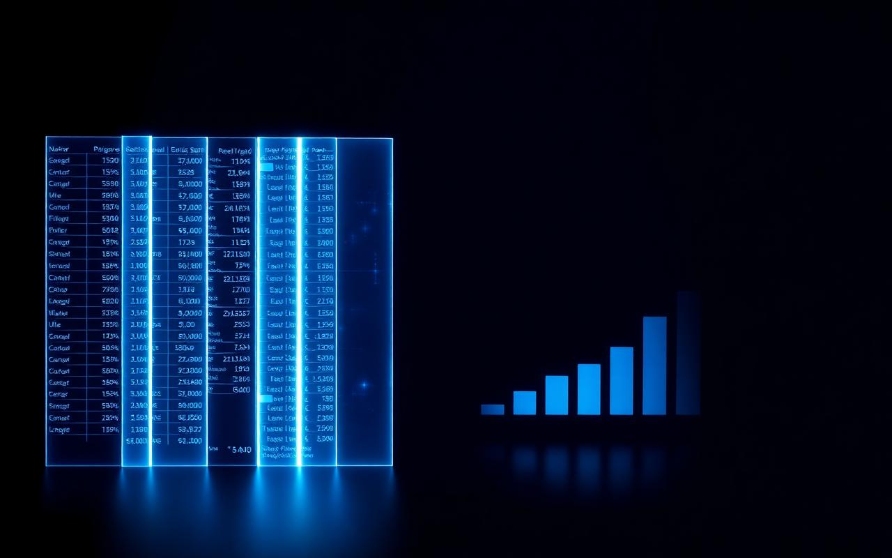 Abstract illustration of separate financial ledger columns merging into one unified glowing statement structure