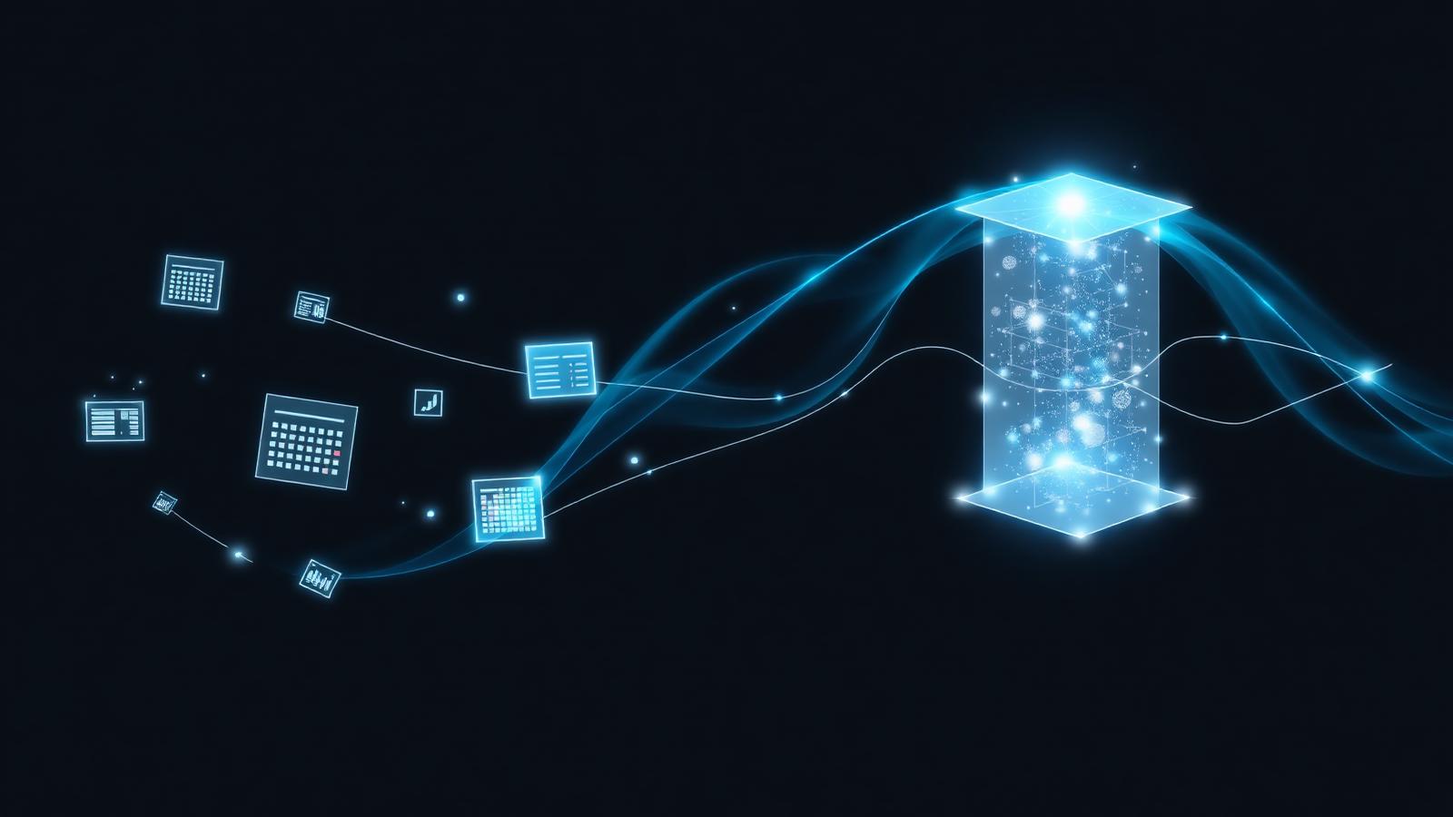 Abstract illustration of disconnected data systems converging through glowing blue streams into one connected data foundation