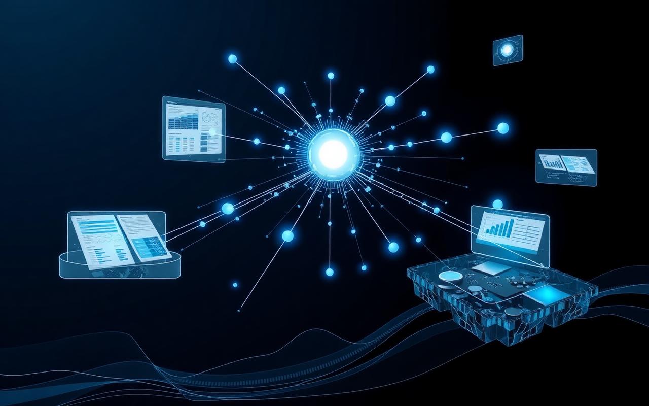 Abstract illustration of fragmented data islands connected by glowing lines into a single central hub