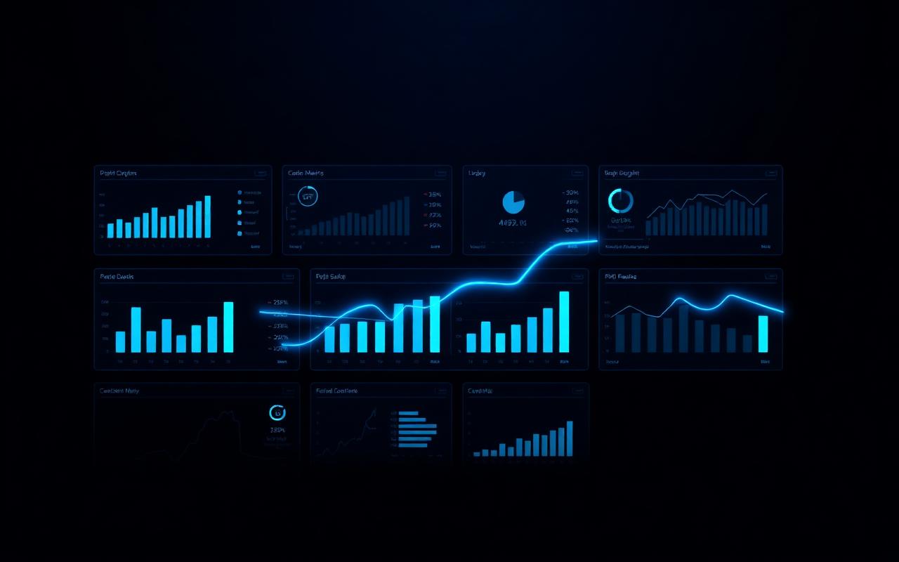 Abstract illustration of aligned dashboard charts unified by a single glowing cyan line