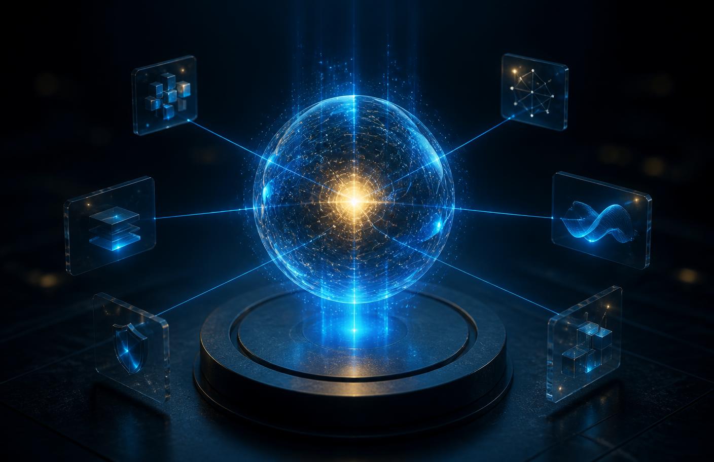 Luminous intelligence core on a dark pedestal